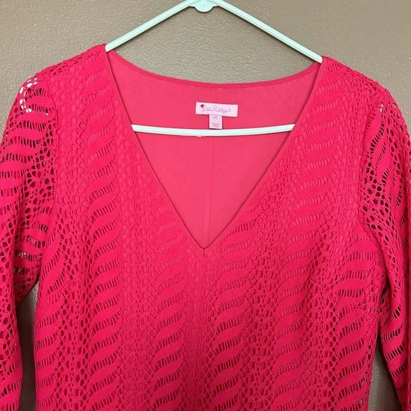 Lilly Pulitzer Seminole Knit Pomegranate Pink Crochet Lace Dress Women's Sz M - Picture 5 of 7